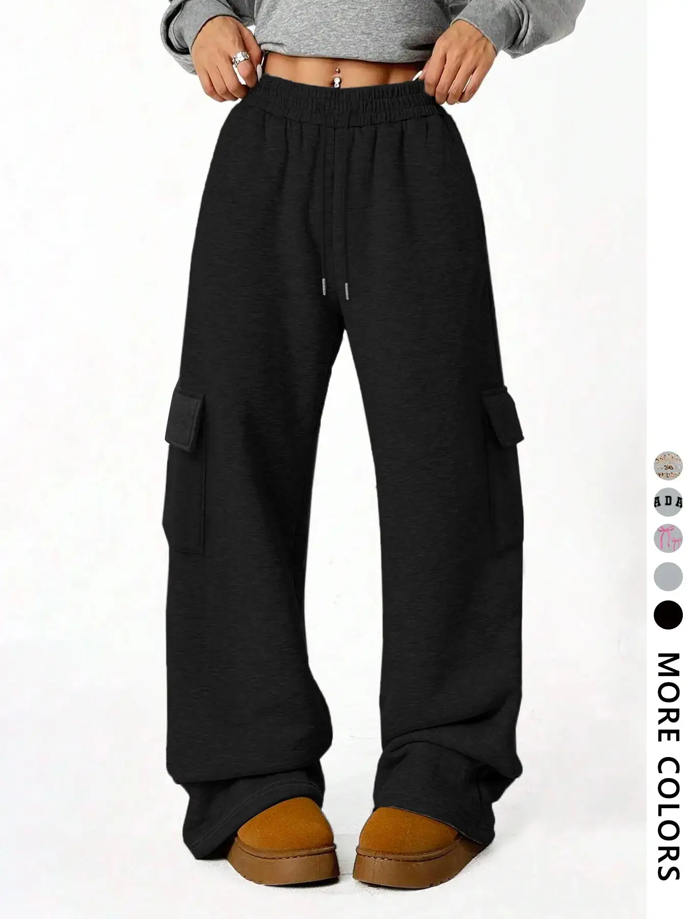 Women's Mid Rise Grey Cargo Sweatpants Joggers Comfy Soft Pocket Pants for Daily Wear, Wide sweatpants