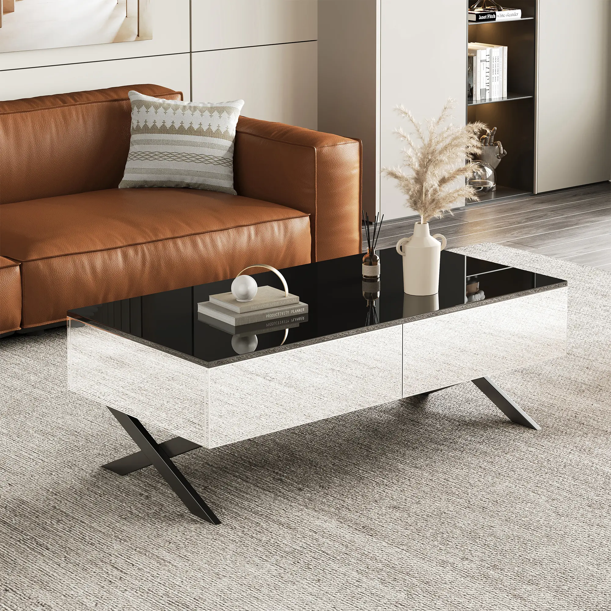 Modern Black High-Gloss Waterproof Rectangle Coffee Table - 47.3" Furniture with Contrast Design, Stable Wood-Metal Frame Base, Mirror Sides, 2 Drawers, Living Room Storage Table, Assembly Required