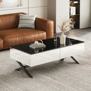 Modern Rectangular Mirror Coffee Table with Mirror Sides, Black High Gloss Top, Wood & Metal Frame Base, 2 Drawers, 47.3" Storage Table for Living Room
