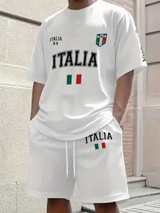 Men's Italian Flag Letter Pattern Round Neck Short Sleeve T-Shirt & Drawstring Shorts Set, Casual Sportswear, Breathable Mesh Fabric