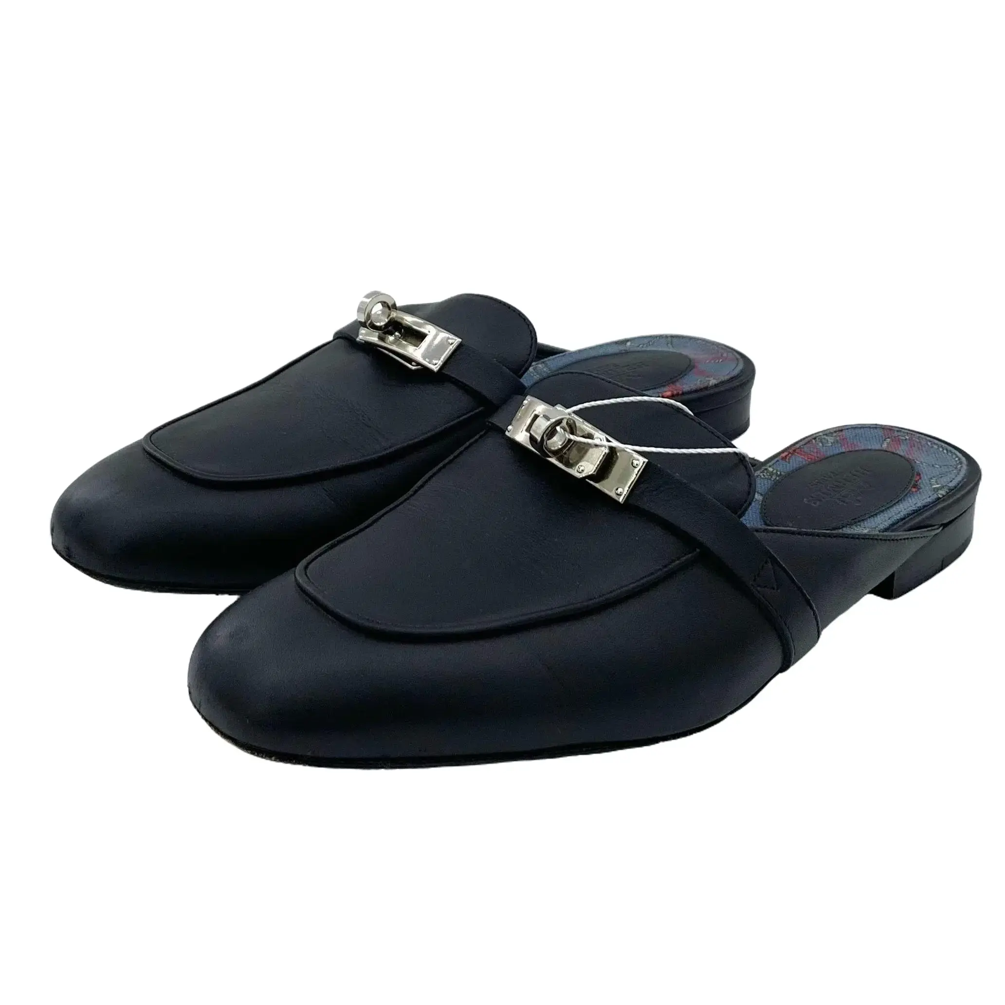 RDLT-Hermes Size 38 Black Round Toe Silver Buckle Casual Flat Closed Toe Mules-J33427