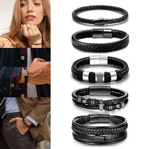 5PCS Multi-circle Faux Leather Braided Bracelet, Simple Fashion Men And Women Couple Bracelet, Street Punk Retro Bracelet Jewelry