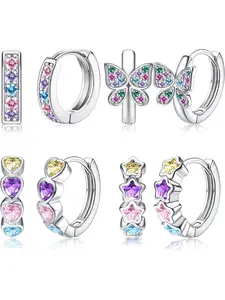 4 Pairs Small Silver Hoop Earrings for Women Girls Hypoallergenic Heart Star Butterfly Zirconia Cute Cartilage Huggie Sleeper Hoops for Kids Baby Tiny Hoop Earrings Set Pink/Blue/Purple