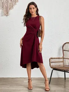 A women's solid color fashionable sleeveless round neck A-line pleated midi dress, suitable for summer, vacations, daily wear, casual wear, dates, gatherings, and other occasions.