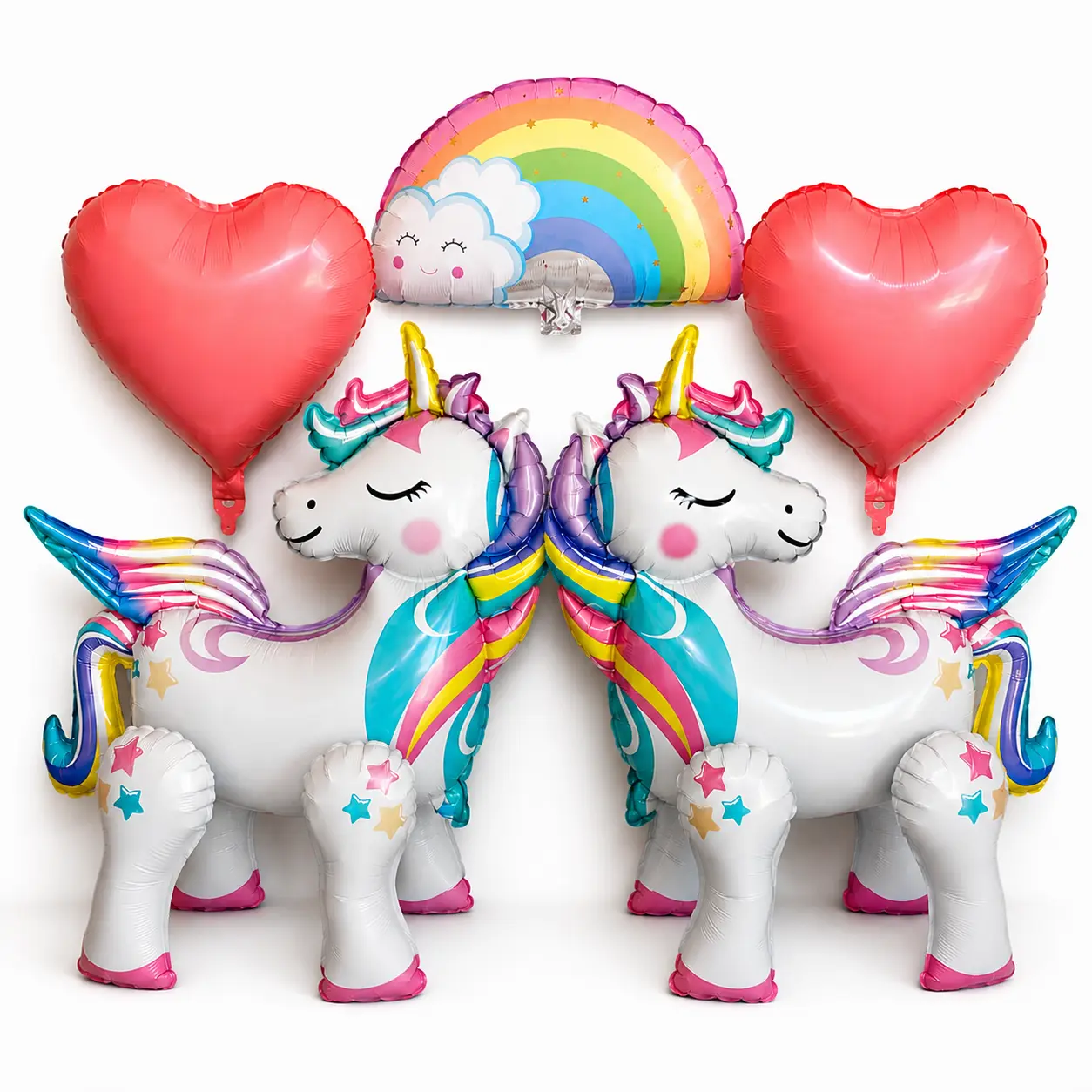 Standing Unicorn Balloons with Rainbow and Heart Balloons Set of 5