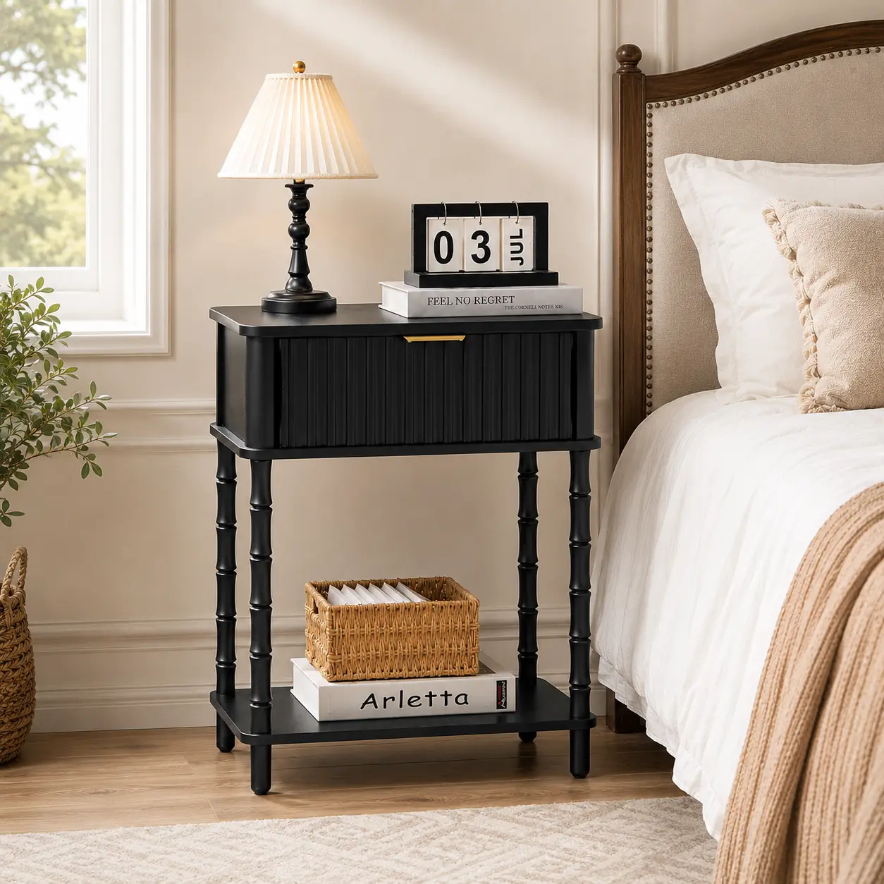 Modern French Black   Wood  Nightstand, Elegant Side End Table with Fluted Drawer & Open Storage Shelf, Decorative Spindle Leg Accent Table for Bedroom Living Room,  Small Space Bedside Desk