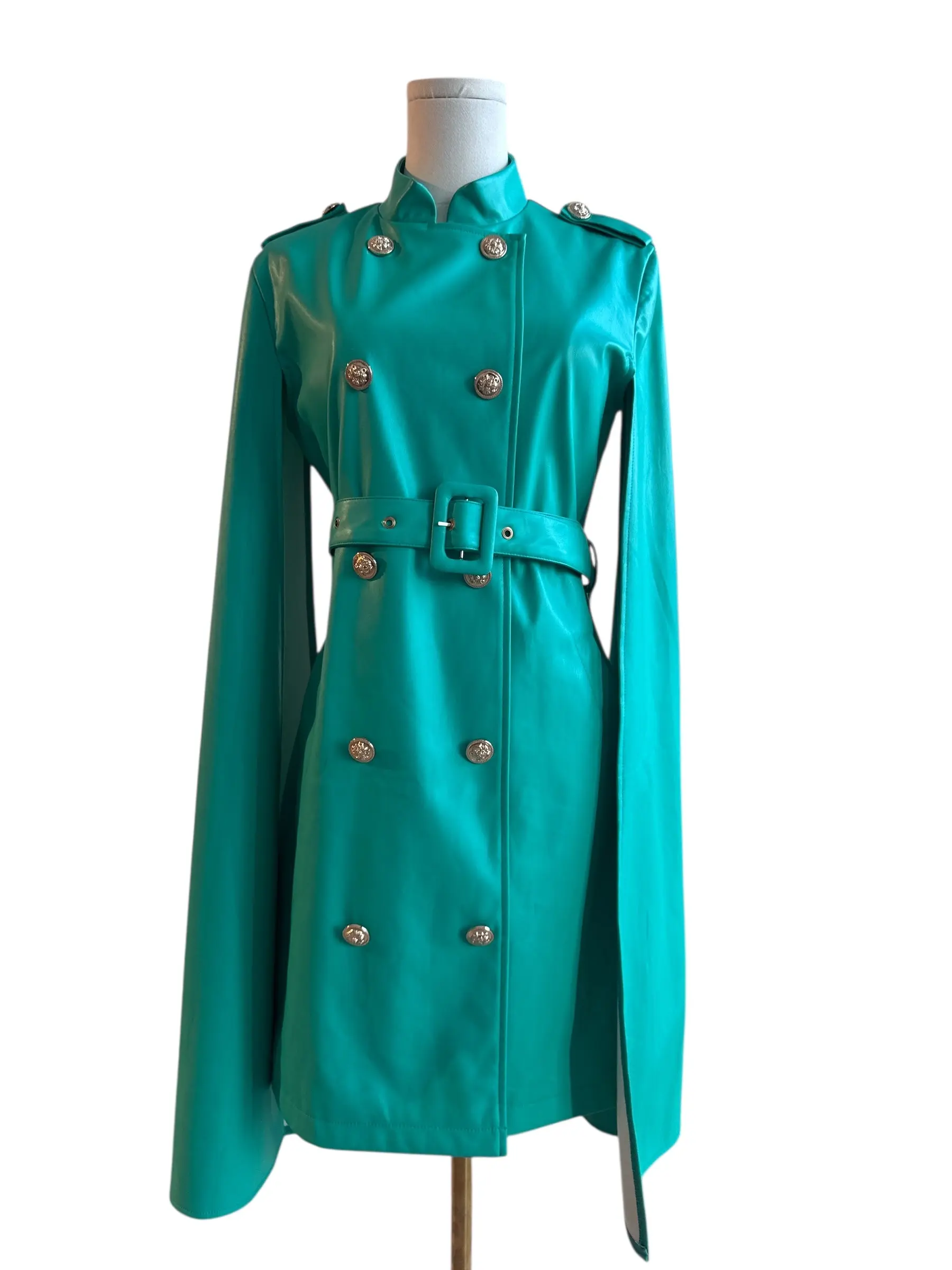 SFC10 Teal trench coat dress with bell sleeves and removable belt size small