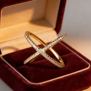 Simple Design Double Crossing Ring Pave Shiny Zircon -Timeless Anniversary & Engagement Jewelry - A Stunning Gift for Her