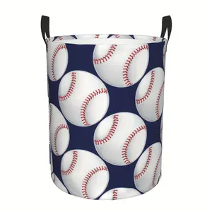 Sports Themed Polyester Laundry Hamper, Round Foldable Dirty Clothes Basket With Handles, Americana Style Forbathroom Decor And Accessories, Bathroom Organizers And Storage, Room Decor, Laundry Hamper, Rugby & Baseball Patterns, Laundry Baskets