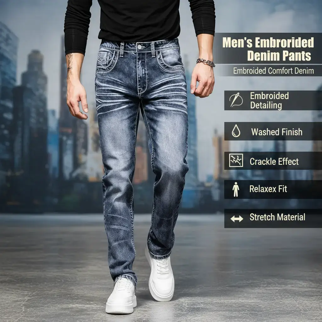 Men's 4-Way Stretch Relaxed Fit Jeans, Embroidered Menswear with Washed Finish, Distressed Crackle Design, Plain Casual Bottoms for Everyday Wear & Party