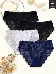 Women's Four-Piece Floral Design Seamless Panties, Soft Comfort Triangle Underwear, Daily Wear Fashion Support Lingerie