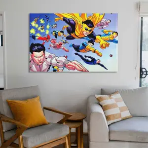Invincible War Themed Canvas Poster Mark's Universe Variant Art Wall Decor Comic Style Gift for Teens Living Room Bedroom Dorm Solid Wood Textured Frame Waterproof Moisture-Proof Design，Suitable for modern bedroom and game room decoration, fan gift