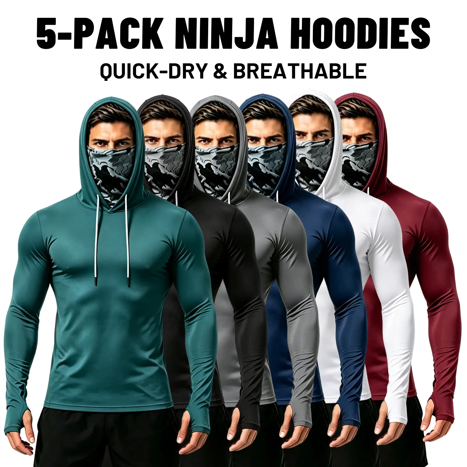 6/5/3 Pack Men's Sun Protection Long Sleeve Hooded Shirts, 4-Way Stretch Quick Dry Compression Work Shirt with Built-in Face Mask & Neck Gaiter, UV Protection for Fishing Cycling Gardening Outdoor Work,back to school,back to school shopping