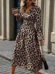 Women's Casual Leopard Print Dress, Spring & Fall Midi Fitted Dress, Waist Cinched Lantern Sleeve Long Dress, Ladies Fashion Chic Elegant