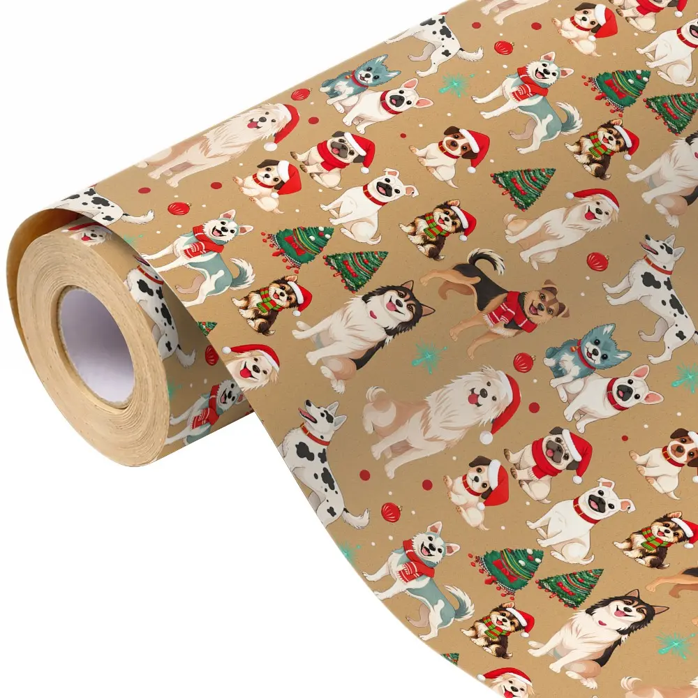 Christmas Gift Wrapping Paper Roll with Adorable Dog Pattern, Featuring Designs of Santa Hats, Scarves, and Christmas Trees on a Brown Base Color, Holiday Gift Wrapping Paper Perfect for Christmas Parties and Gift Giving,58"x23"