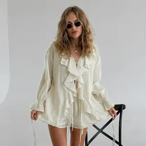 Beach Vacation Clothes For Women Ruffled Tie Strappy Split V Neck Bell Sleeve Crop Tops and High Waist Shorts Sexy