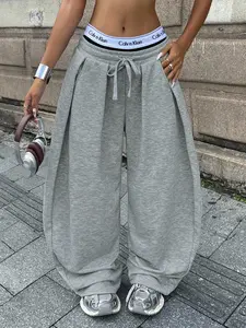 Women's Natural Casual Fitted Pants, Drawstring Waist, Plain Pattern, H-Type Silhouette, All Seasons, Vintage Style, Fashionable Schoolwear