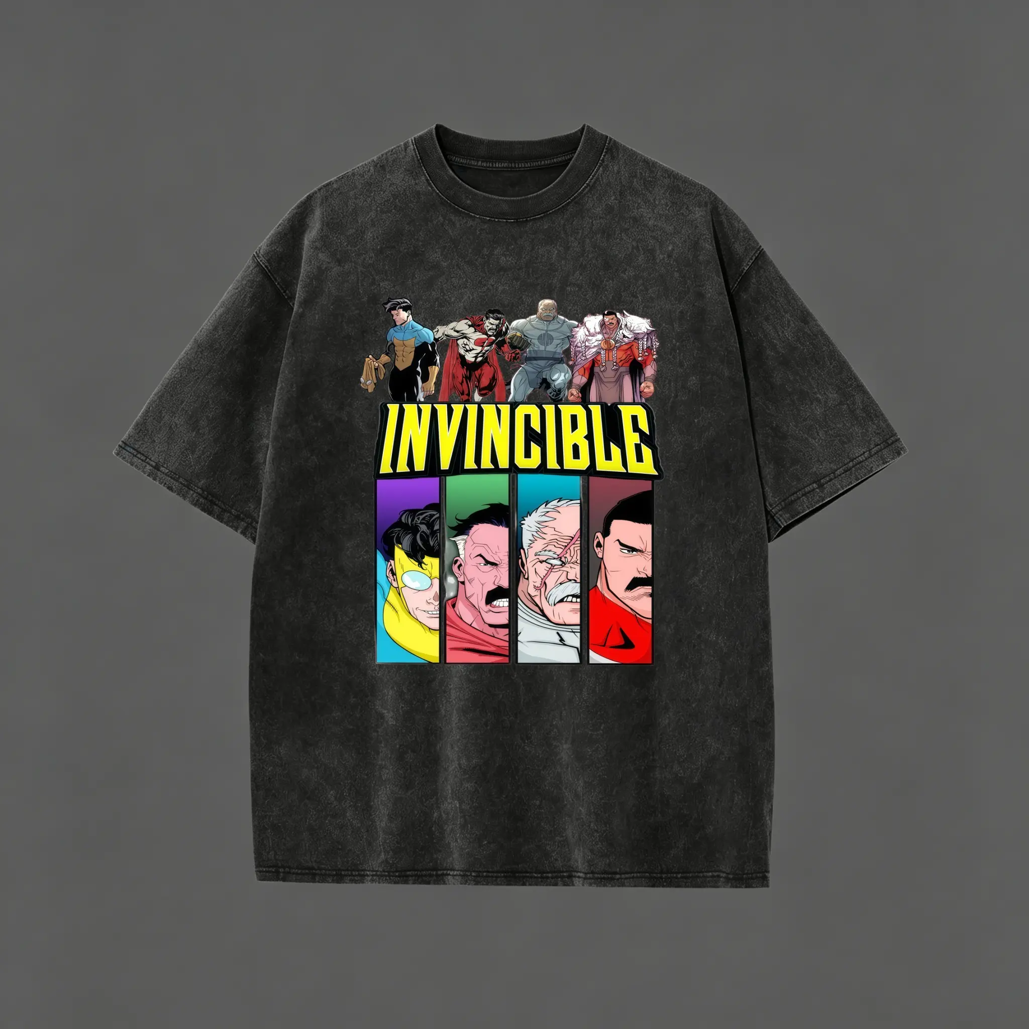 This oversized black graphic tee is a ultimate wardrobe essential for all Invincible animated series fans. It features full cast character artwork of iconic heroes and villains from the show, paired with bold classic franchise typography
