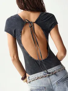 Bohemela Women's Summer Casual And Comfortable, Ideal For Streetwear Vacations, And Western Music Festivals. A Bohemian Solid-Color Knit Bodysuit Featuring A Vintage Washed Distressed Finish, An Open-Back Detail, And A Comfortable Crew-Neck Cut