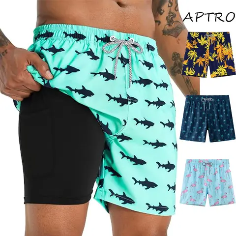 APTRO 5.5-in 2-in-1 Quick Dry Above-the-Knee Swim Trunks - Cool Graphic, Built-in Liner, UPF50+ UV-Protective, Ideal for Beach, Pool