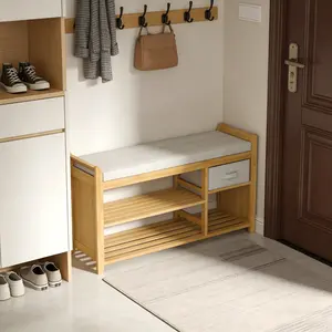 Bamboo Shoe Bench Rack With Storage, 2-Tier Entryway Storage Bench With Seat, ShoeOiganizer Shelf For Entryway Mudroom Bathroom Hallway, Natural Bamboo Color