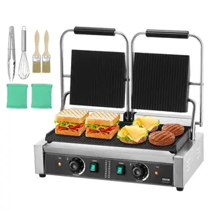 Spring new arrivals Commercial Panini Grill, 3600W Electric Sandwich Panini Maker, Stainless Steel Double Sandwich Press, Panini Grill Temp Control & 19"x9" Full Grooved Enamel Plate, for Hamburger Steak Bacon