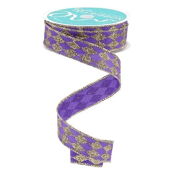7/8" x 10yd Glitter Harlequin Ribbon in Purple & Gold