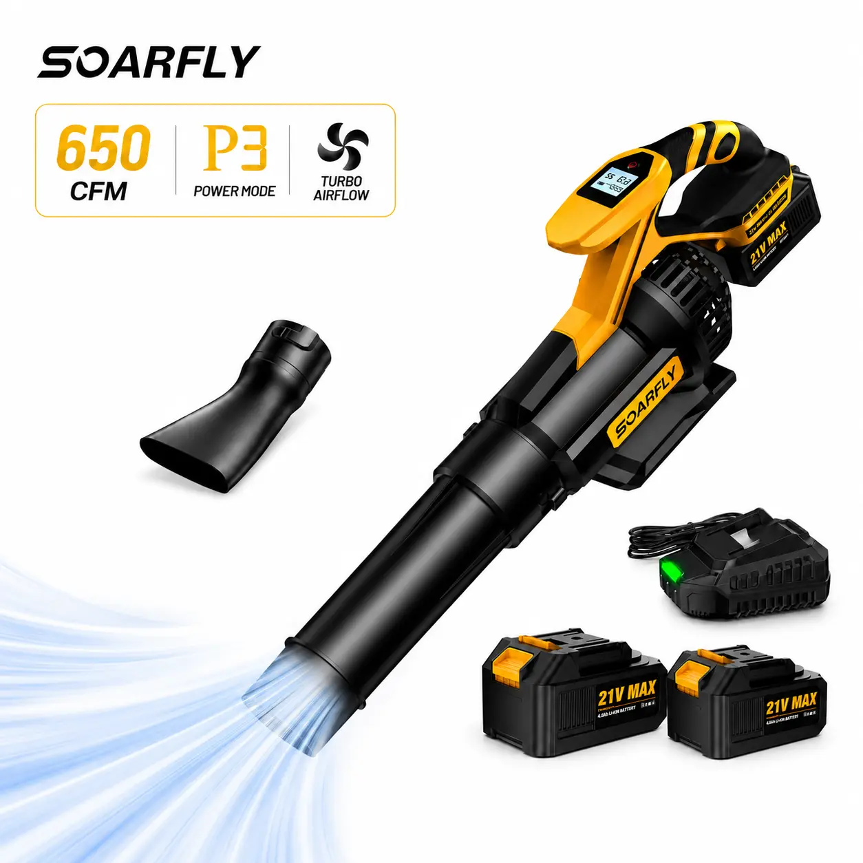 SOARFLY Leaf Blower, 650CFM/130MPH & 3 Speed Levels, with 2 × 4.0Ah Battery and Fast Charger, For Yard, Blowing Leaves, Dust, Garage, Snow