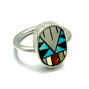 Zuni Inlay Ring with Mother of Pearl, Coral &amp; Turquoise – Handmade Sterling Silver Statement Ring, Size 8
