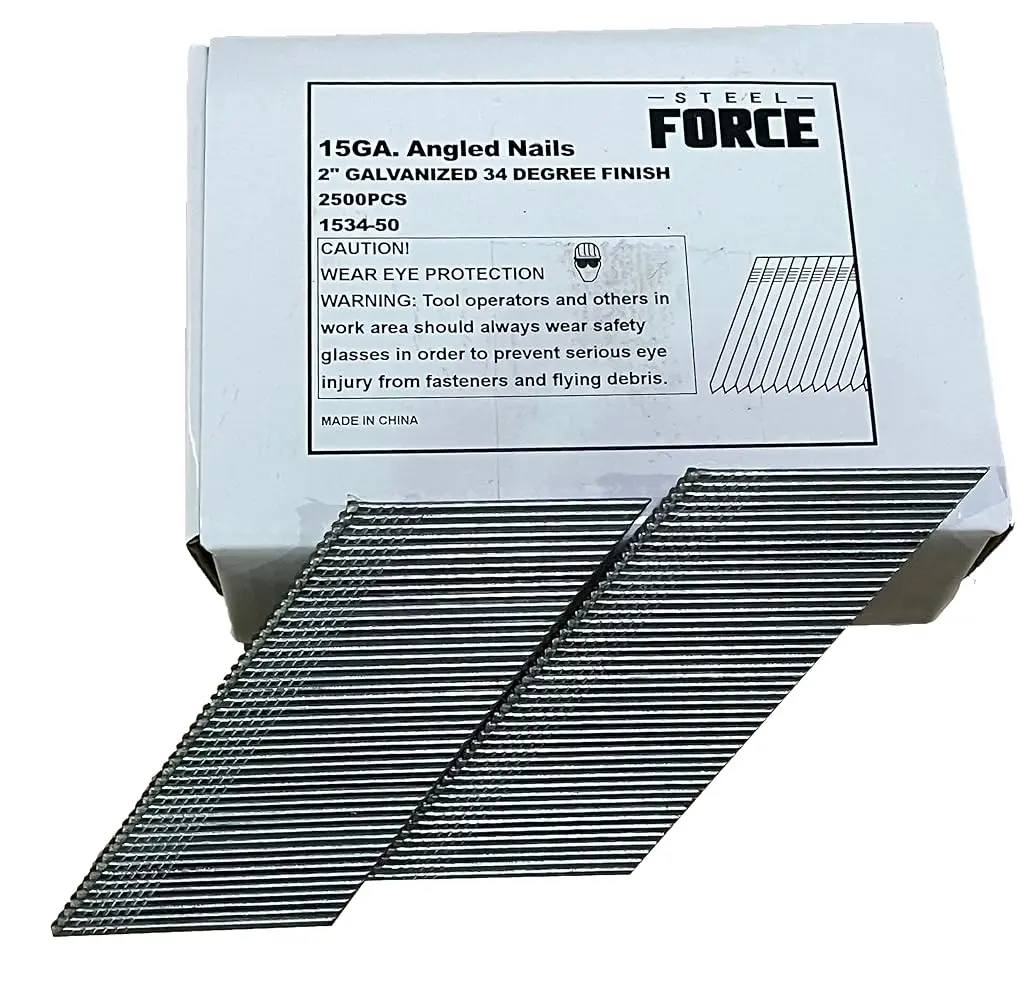 Steel Force 15GA 34 Degree 1-1/2" or 2" Galvanized Finish Nails 2500pc for Angled Nailing Precision Fastening Electrogalvanized Corrosion Resistant