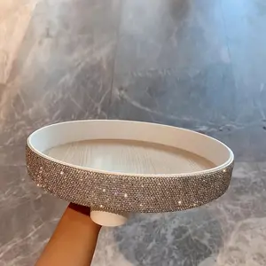 1pc Luxury Round Sparkling Jewelry Tray - Multipurpose Desktop Storage Tray For Cosmetics And Snacks - Plastic Material With Artificial Diamond Embellishment