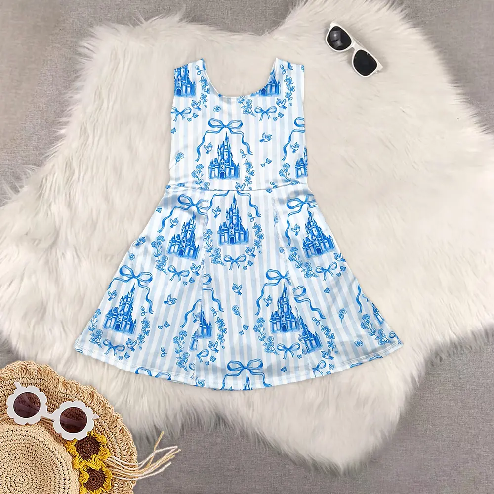 New Clothes Sibling Children Clothes Girls  Kids Dress Light Blue Sleeveless Bow Castle Girls Athletic Dress Children's Cute Princess School Uniform Style Clothing for Girls Colorful