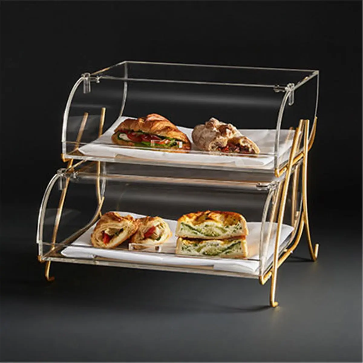 2-Tier Clear Acrylic Bakery Display Case with Brass Metal Stand