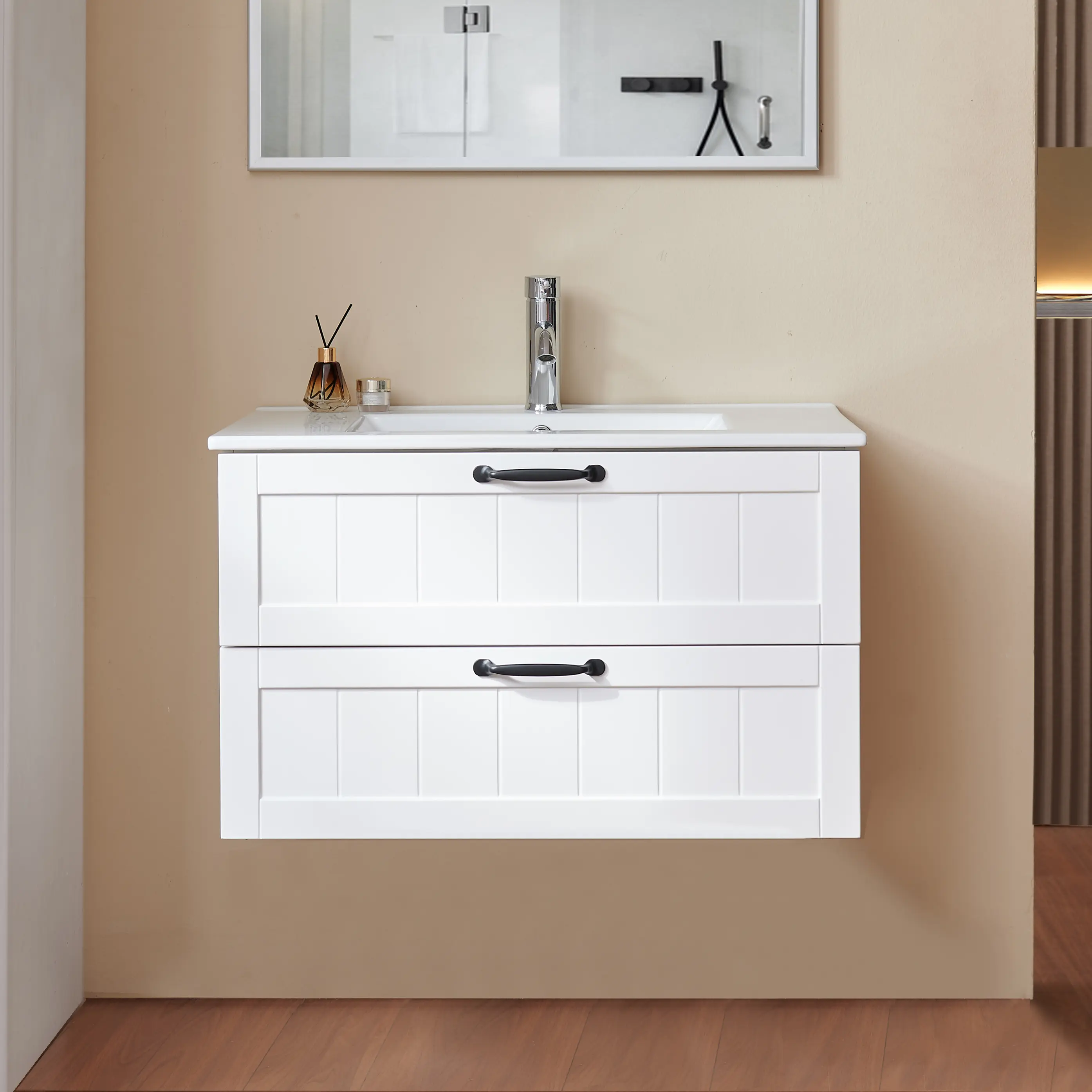 31.5 Inch Wall Mounted Bathroom Vanity Cabinet with Sink Combo, Floating Bathroom Vanity with Soft-Close Drawers, Solid Wood Construction, White Finish, Modern Bathroom Storage Cabinet with Decor Line, 2 Extra Big Drawers, Home Furniture and