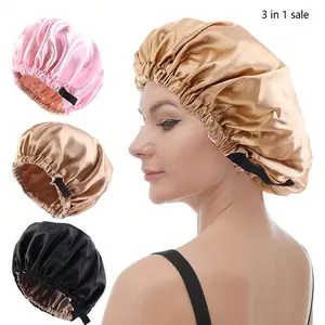 Solid Color Satin Sleeping Cap, 3 Counts Double Layer Hair Bonnet for Sleeping, Sleep Hair Cap for Women & Girls, Sleeping Bonnet for Curly Hair