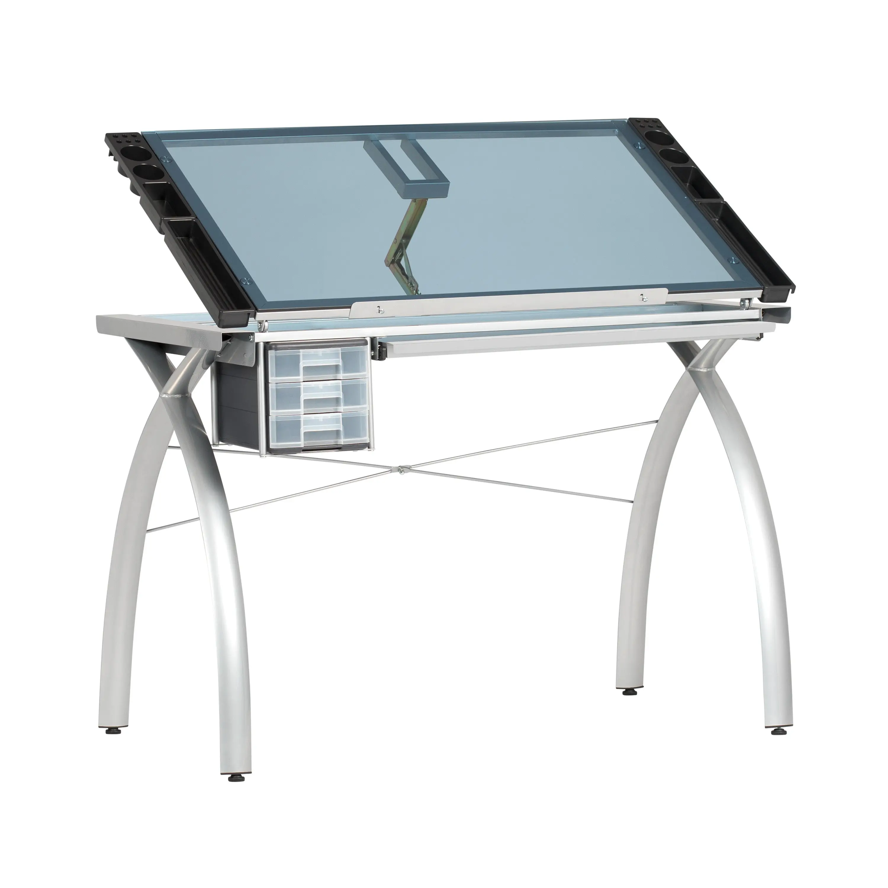 Futura Craft, Drafting, Drawing Table with Adjustable Top and Supply Storage, Silver / Blue Glass 10050
