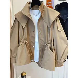 Oversized Faux Leather Bomber Jacket    Women's High Quality Windproof Jacket With Hood - Casual Workwear Style, Adjustable Drawstring Hood With Zipper Pocket, Breathable Long Sleeve Jacket For Spring/Autumn, Beige, Weather-resistant | Hood