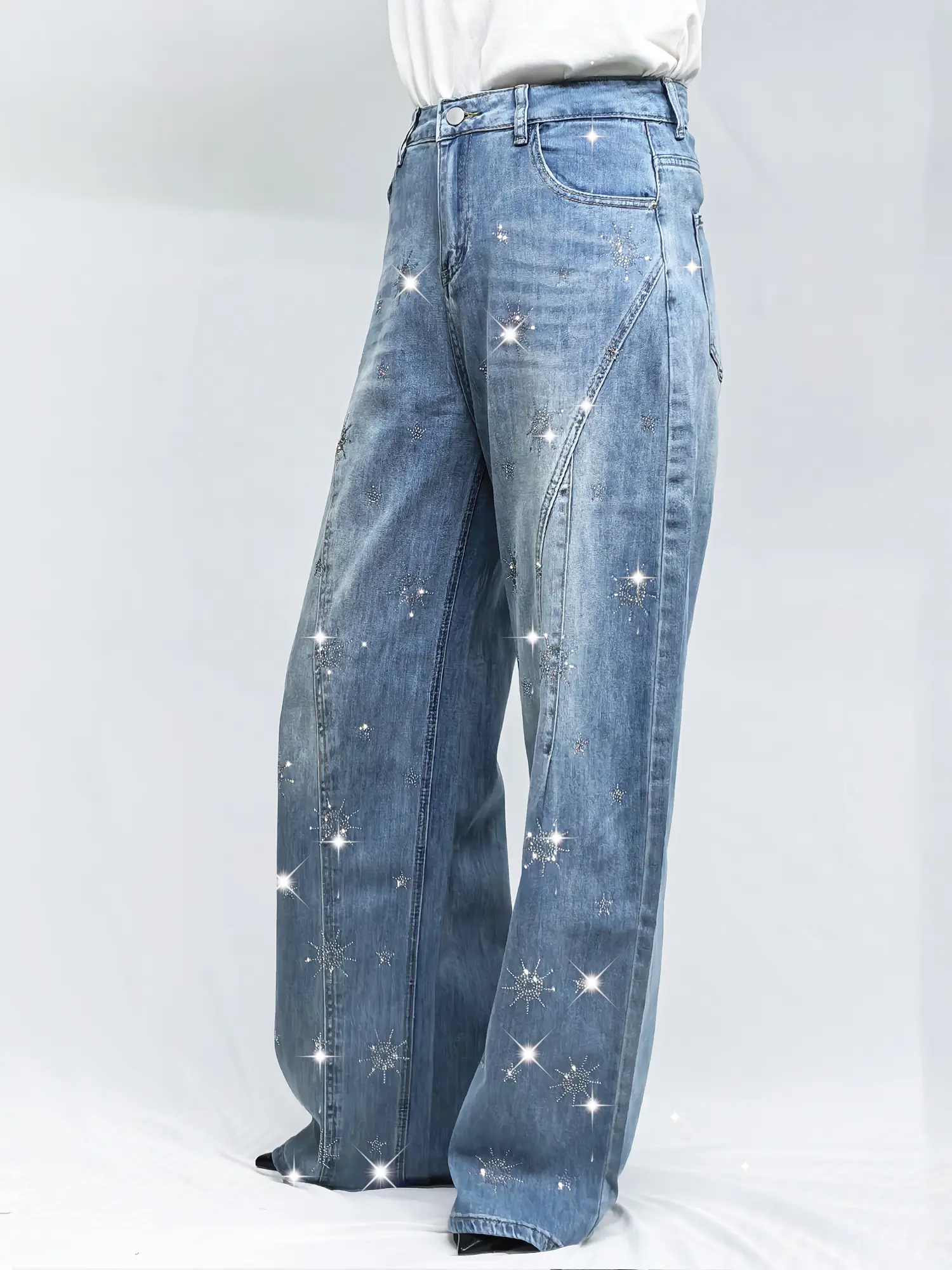 Lux Lee Women's Retro Style Loose Fit Jeans, High-Waisted Stretchy Denim with Tummy Control and Rhinestone Details, Loose Fit Style, Rhinestone Pants, Bedazzled Jeans, Streetwear Jeans