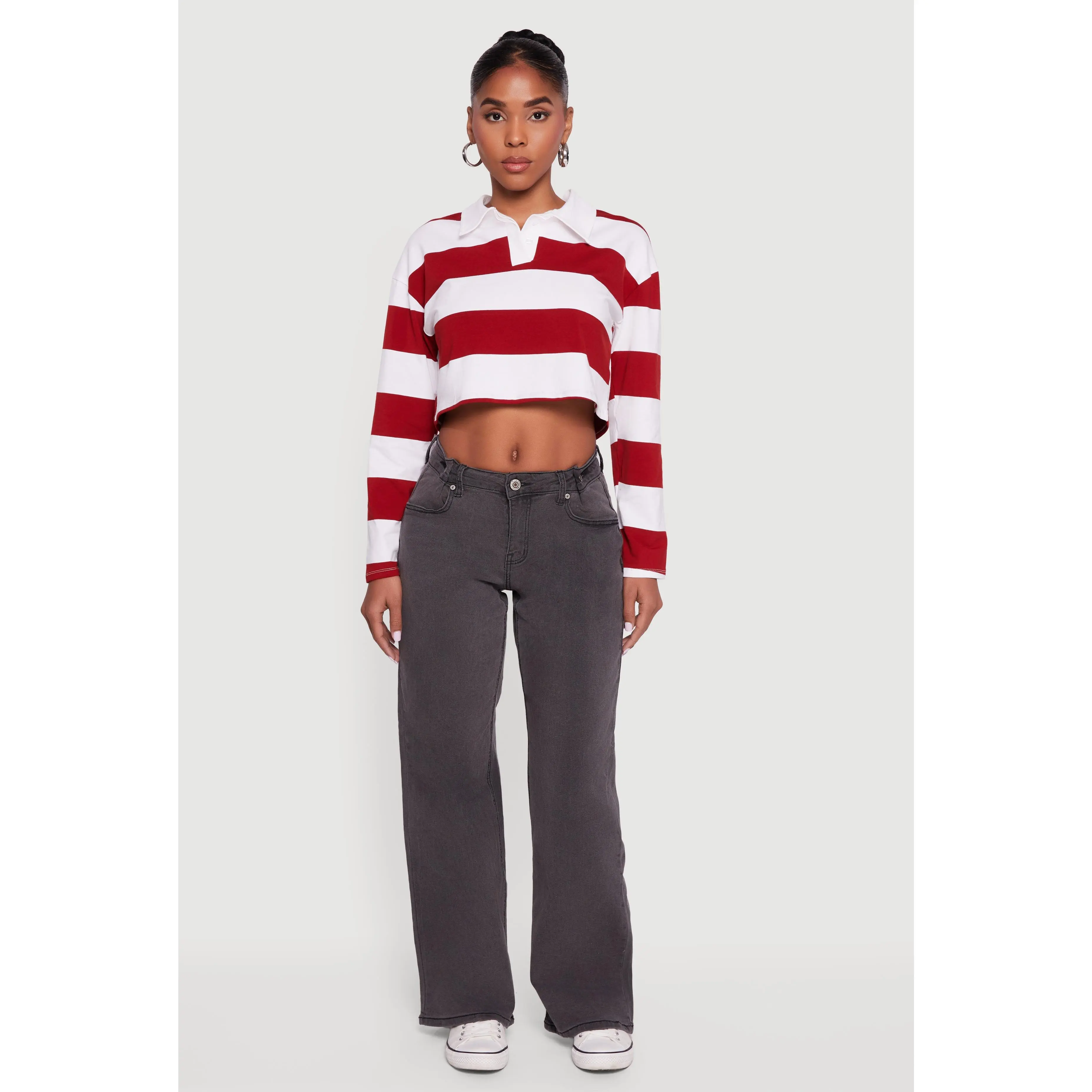 Striped Long Sleeve Polo Crop Top