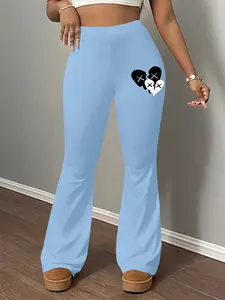 Pattern Print Women's Casual Slim Fitted Flare Leg Pants Bottom, Long Regular Length, Elastic Waist, Plain Pattern, Spring Autumn Winter Home Wear Womenswear, Casual Chic Trousers