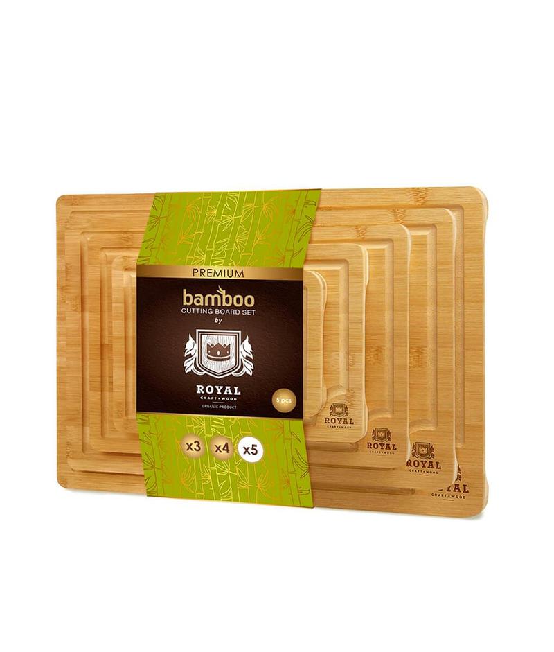 Royal Craft Wood Bamboo Cutting Board Set of 5, Wooden Cutting & Serving Boards with Juice Groove for Kitchen, Meat and Cheese Royal Craft Wood Bamboo Cutting Board Set of 5, Wooden Cutting & Serving Boards with Juice Groove for Kitchen, Meat and Cheese