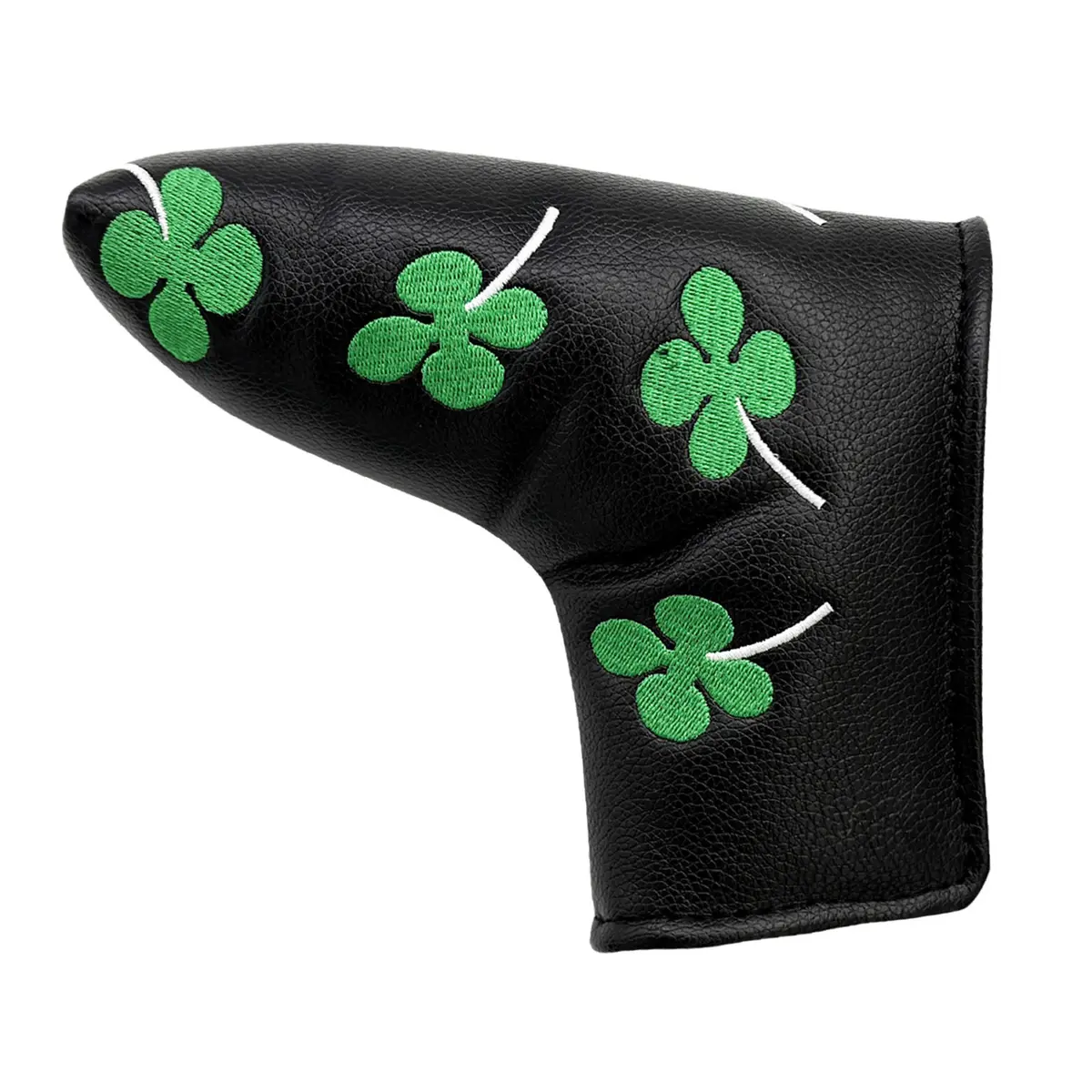 Black Clover Blade Golf Putter Cover, PU Leather Headcover with Green 4-Leaf Clover Embroidery