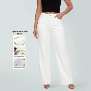 ONESO Triple-Protection White Baggy Jeans for Women Stretchy Wide Leg Denim Pants Water-Repellent BBL Casual Outfits