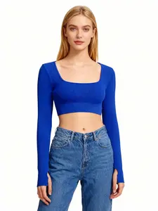 Women's Fall Winter U-Neck Ribbed Yoga Long Sleeve Running Thumb Hole Gym Top, Sporty Plain Design, All Seasons Workout Wear, Breathable Workout Tops, Athletic Top