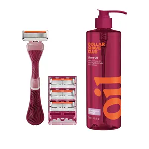 Dollar Shave Club Women's Razor Bundle – Wavy Grip Handle + Signature 6-Blade Refills (4ct) + Hydrating Shave Oil for Smooth Legs & Bikini Area