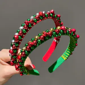 1pc Festive Christmas Headband with Red & Green Beads, Golden Accents & Bell Charms - Hand-Wrapped Polyester Party Accessory for Holiday Celebrations, Christmas Decorations