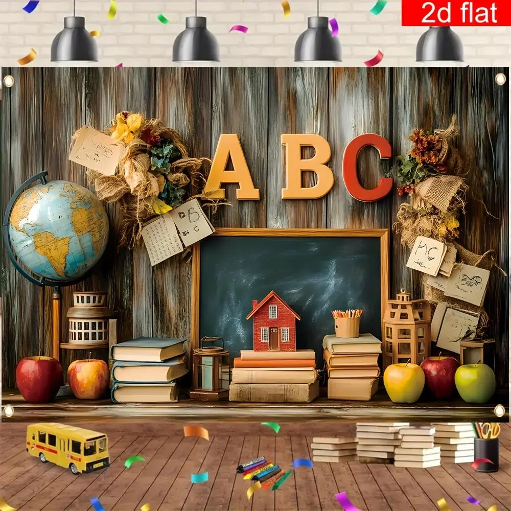 1PC Printed Polyester Flat 2D Vintage School-Style ABC Banner, 1-Piece Reusable Wall Hanging Backdrop with ABC Letters, Books, Fruit Elements, Party Decoration Supplies for Back-to-School Photography, Photo Booths
