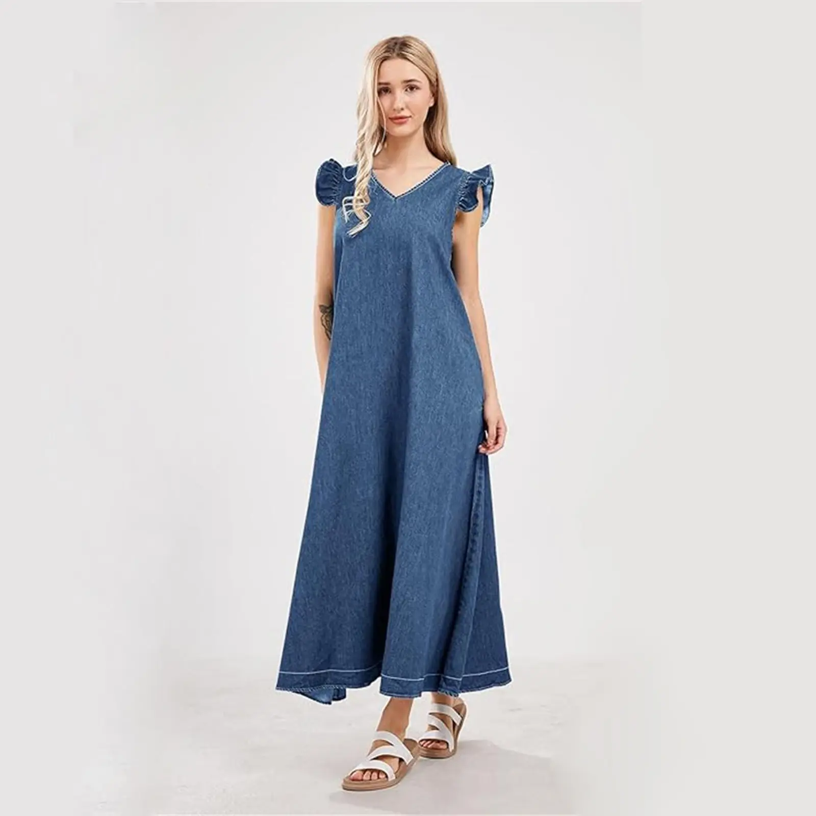 UTCOCO Women's Summer V Neck Long Denim Dress Casual Loose Ruffle  Sleeveless Dress Minimalist V neck Womenswear sundress - TikTok Shop