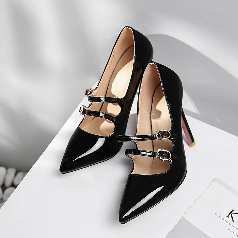 Women's Classy Patent Leather 10cm High Heel Pumps - Non-slip, Comfortable, Breathable Stiletto Shoes with Buttons, Buckle, Double Straps, Plain Design, Less Than Ankle Height, Size 30-47 for Party, Daily Wear, Shoe