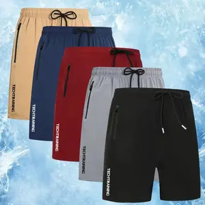 Men's Red Adjustable Dry-Fit Tight-Fitting Technical Lightweight Quick-Dry Training Shorts, "TECHTRAINING" Print, Elastic Waist with Drawstring, Zipper Side Pockets, Breathable Fabric for Gym, Running, Adjustable Men's Shorts, Dry-Fit Men's Shorts